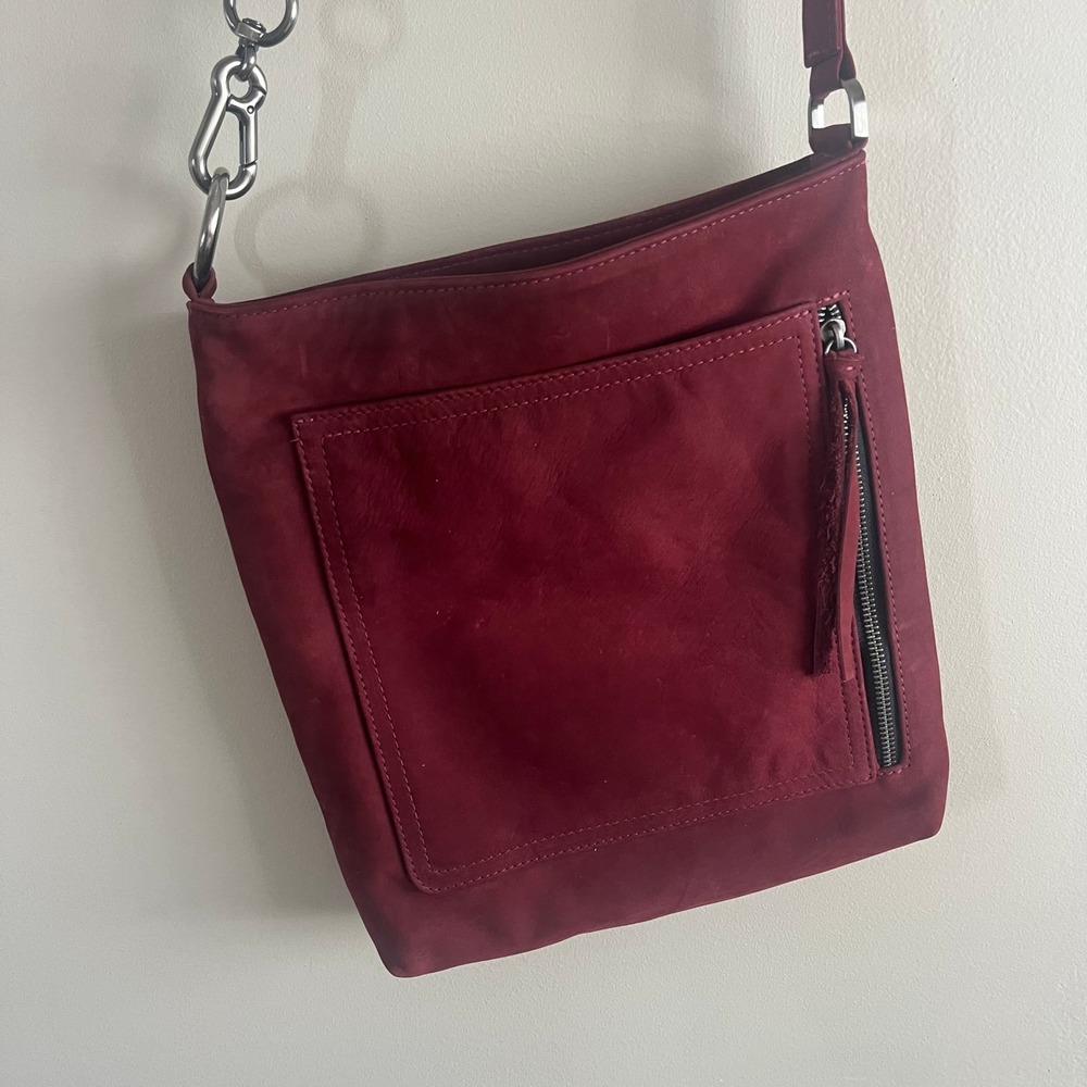 Carla Mancini Burgundy Nubuck Leather Crossbody Bag Silver Carabiner Hardware